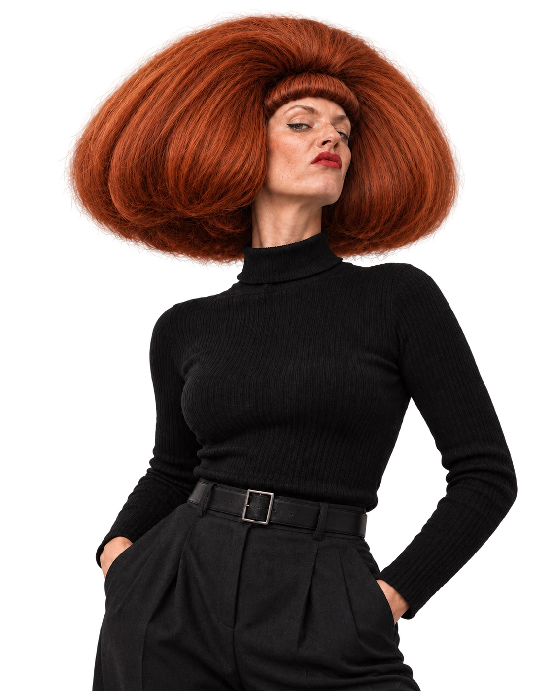 Mona Vex, a fictional AI comedian with an enormous copper bob, red lipstick and a black turtleneck
